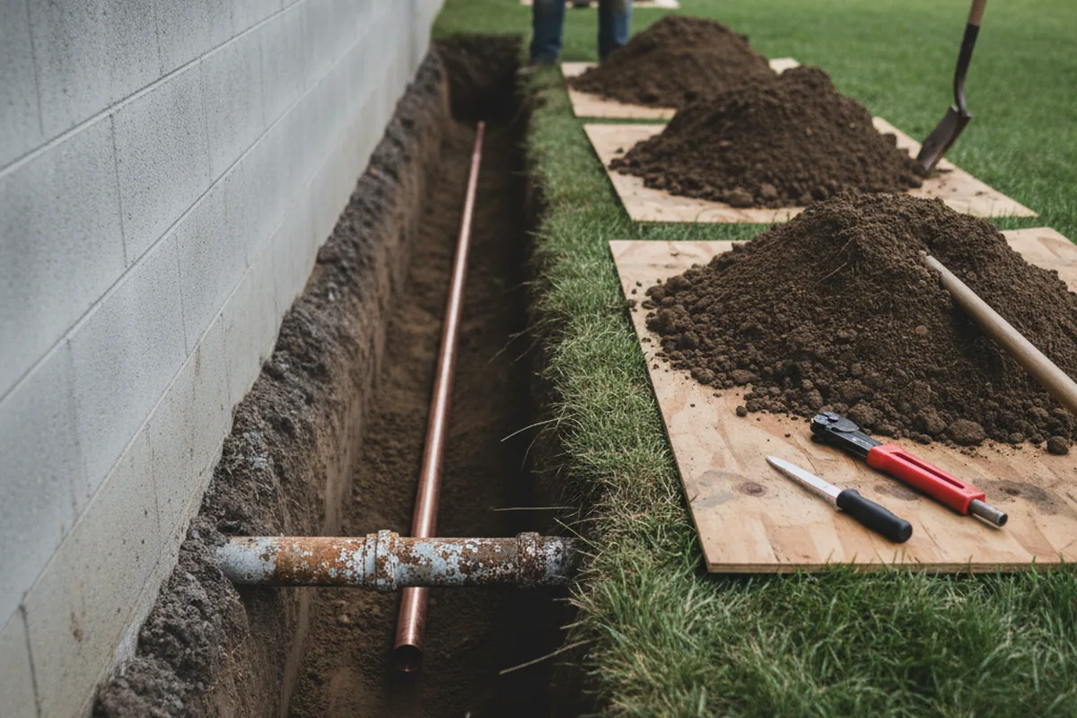 Excavated water line trench during Water Softener Installation in Cusseta